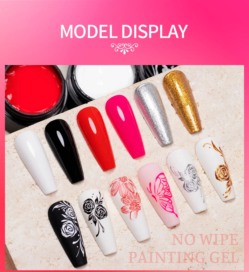 AWStorG 7Pcs/Set Not Flowing 4 In 1 Solid No Wipe Painting Gel Varnish Black White Color Painting Liner Nail Art Glitter UV Gel
