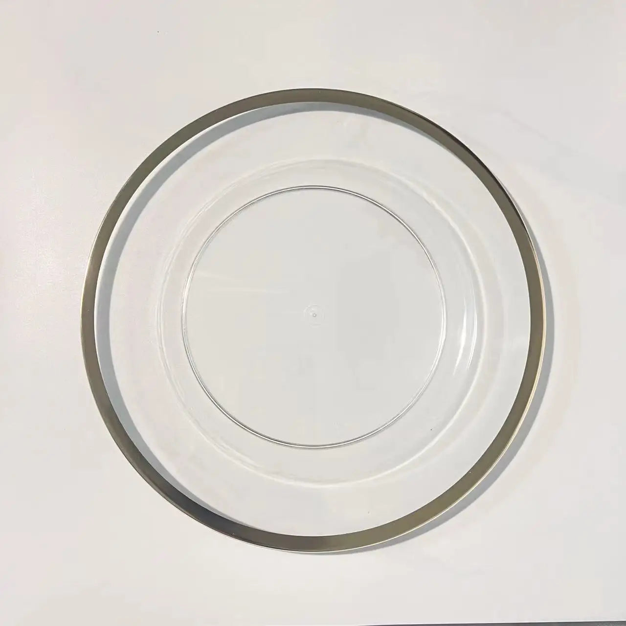 4PCS Plastic Charger Plates 13 Inch Round Dinner Chargers with Gold Rim for Dinner Plates Clear Service Plates for Birthday