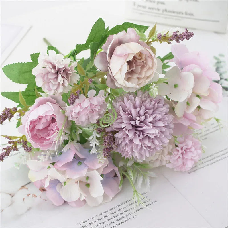 7 Heads Hydrangea Flowers Artificial Bouquet Silk Blooming Fake Peony Bridal Hand Flower Roses Wedding Centerpieces Decor