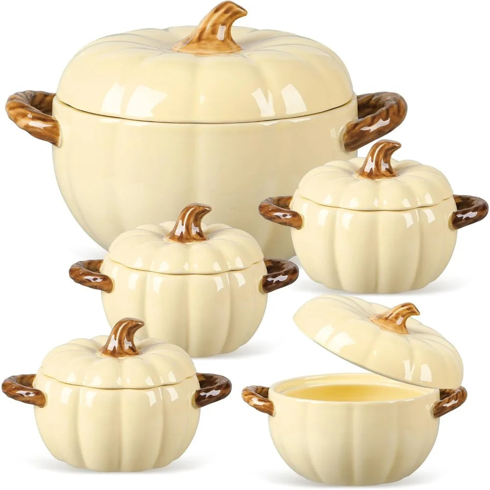 Set of 5 Ceramic Pumpkin Bowls with Lid and Handles Pumpkin Shape Soup Serving Pot Storage Jar