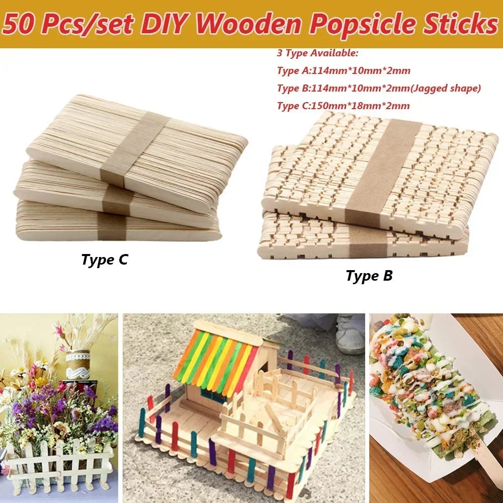 Natural Wooden Popsicle Sticks 50 Pcs Set for DIY Craft Ice Cream Lolly Projects