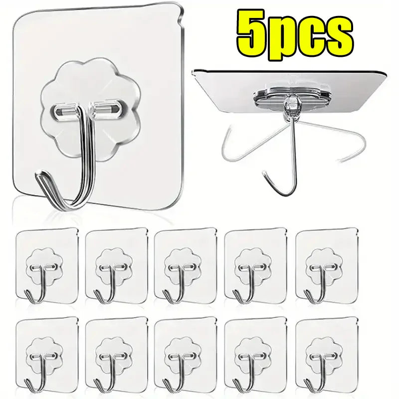 5/50pcs Transparent Stainless Steel Strong Self Adhesive Hooks Key Storage Hanger for Kitchen Bathroom Door Wall Multi-Function
