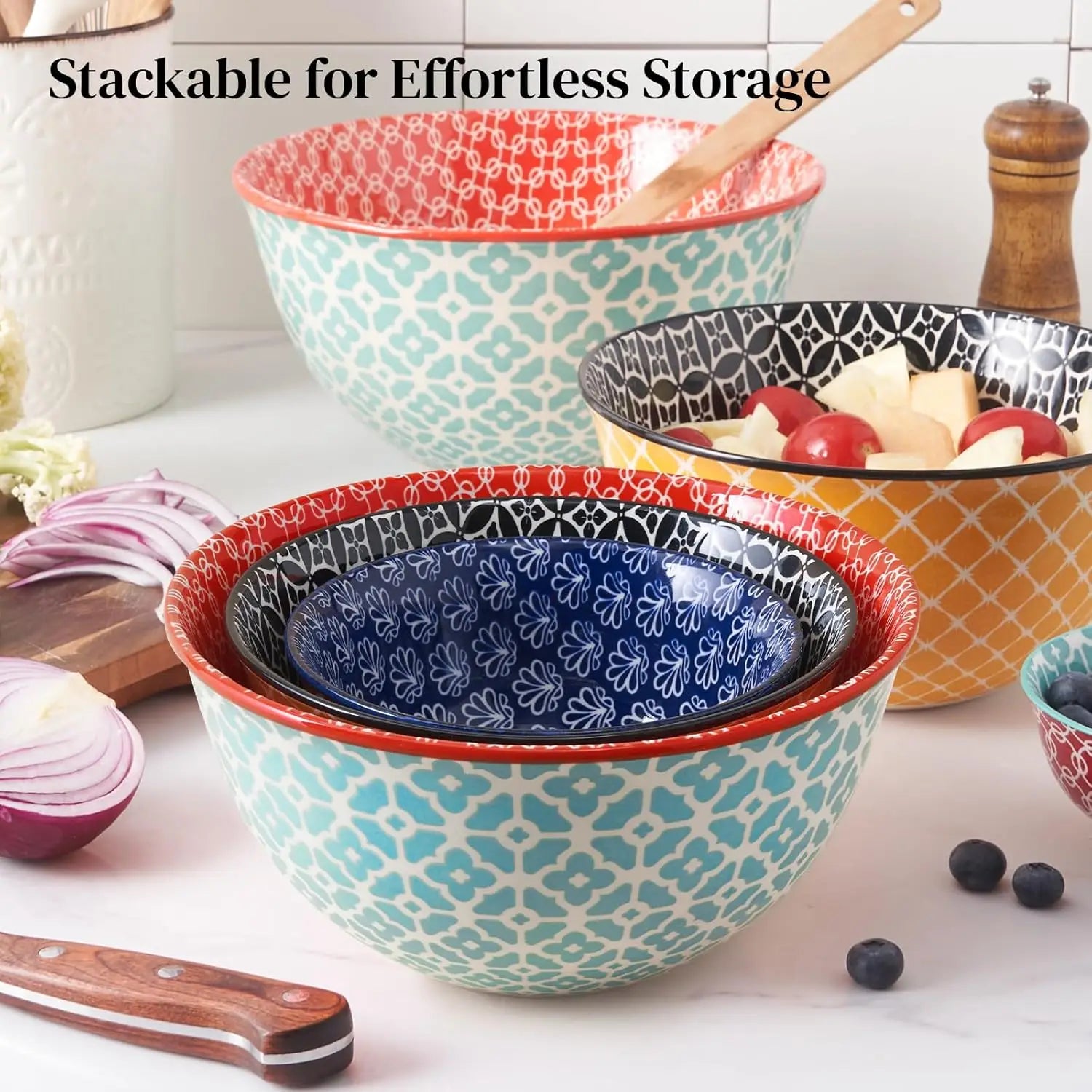 Colorful Ceramic Mixing Bowls Set of 3, Microwave & Dishwasher Safe for Cooking Baking Serving, Housewarming Gift