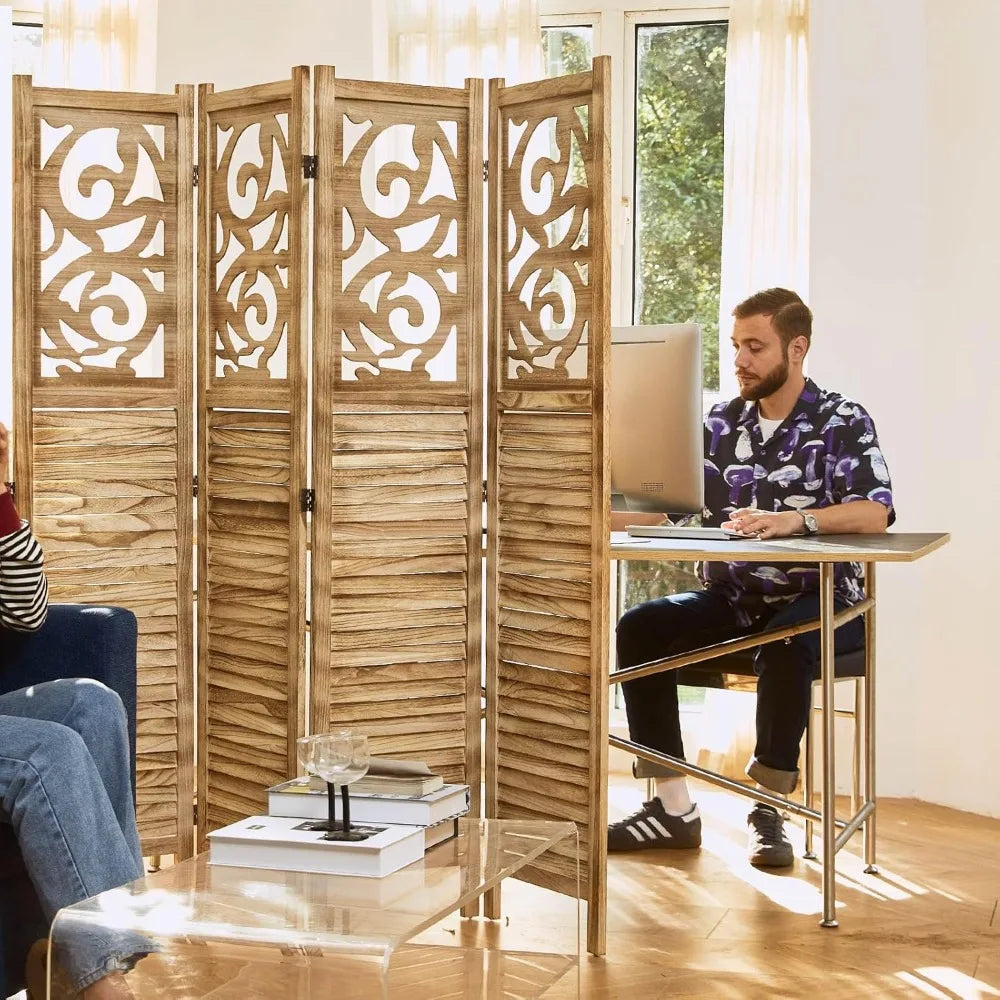 5.6Ft 4 Panels Wood Carved Privacy Screens, Free Assembled Freestanding Portable Reversible Functional Dec