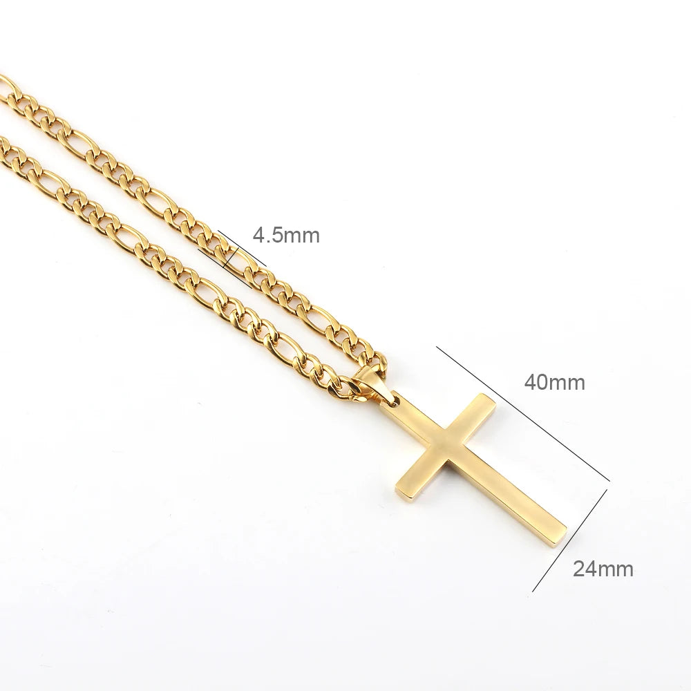 316L Stainless Steel Figaro Chain Necklace for Men Women Gold/ Silver Color Cross Pendant Waterproof Necklaces Fashion Jewelry