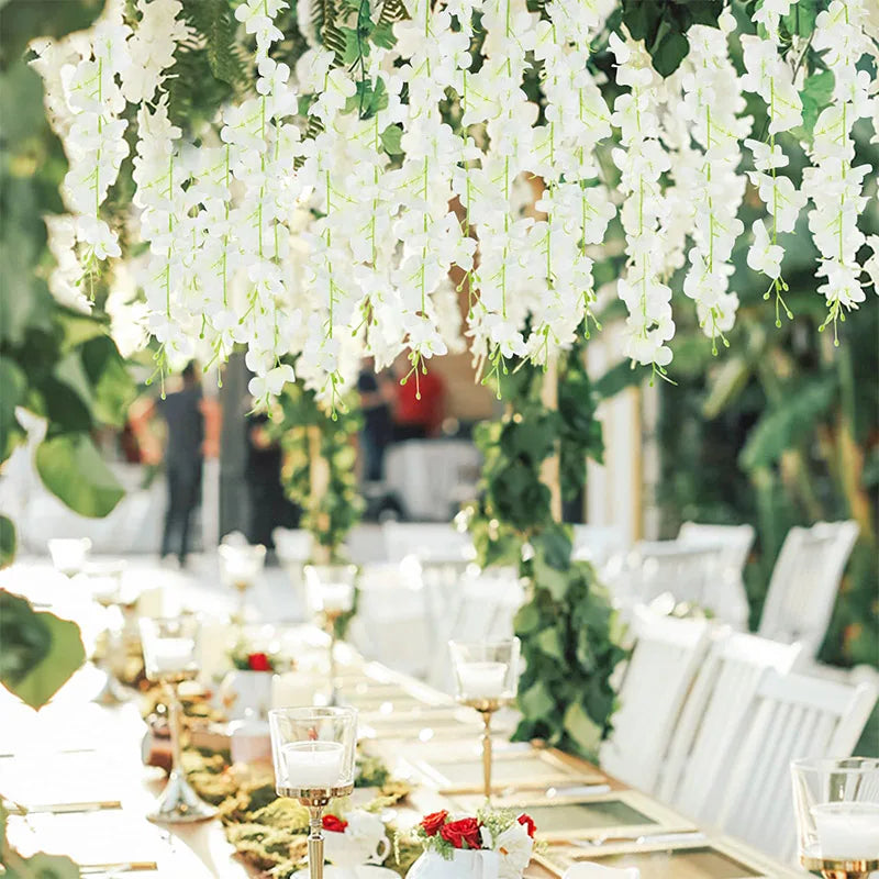 24PCS Artificial Wisteria Flowers Hanging Garland Fake Ivy Vine Flower String for Arch Wedding Party Home Room Decoration Flower