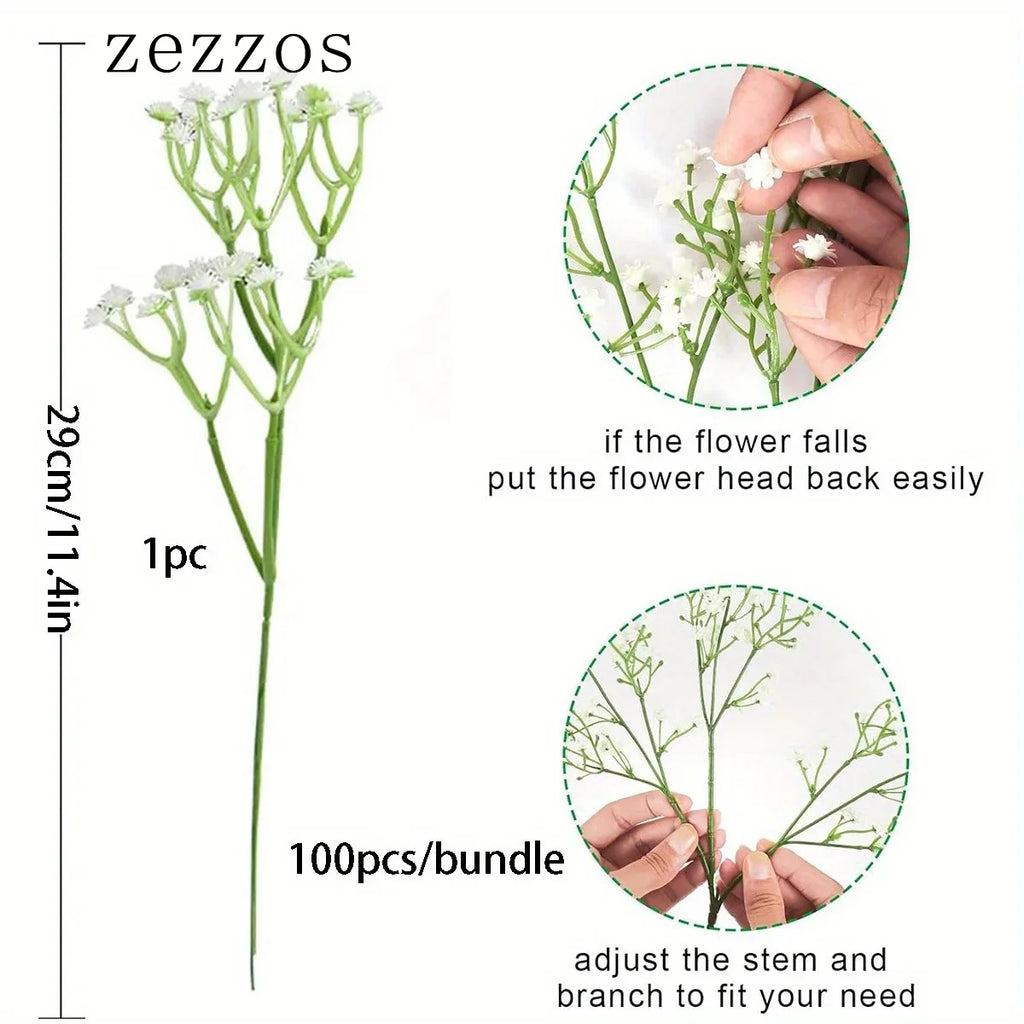 Zezzos 100 Pcs Baby's Breath Artificial Flowers, Fake Baby's Breath Flowers Artificial Bulk White Gypsophila Bouquets Real Touch