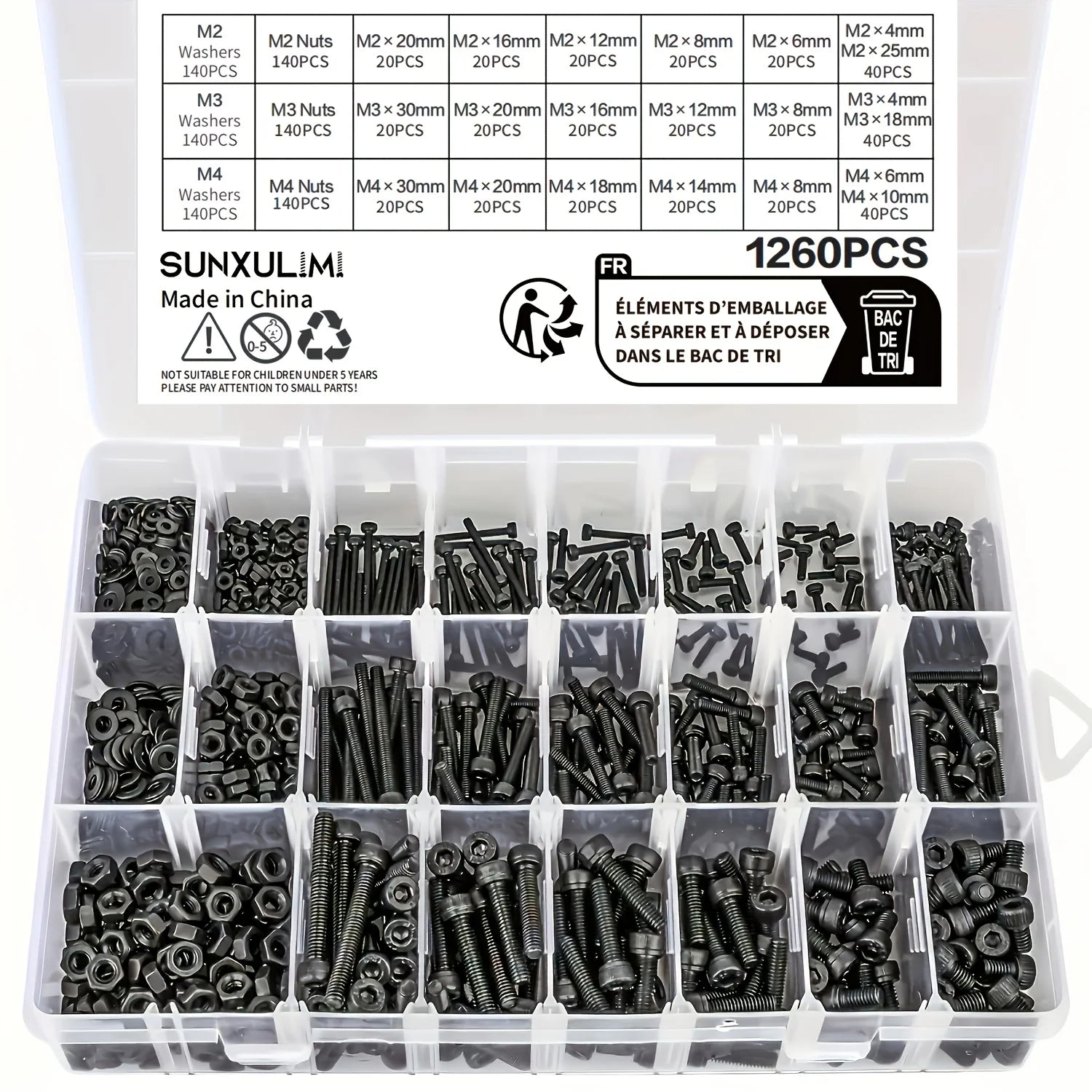 1260pcs Metric Bolt Assortment - M2 M3 M4, 21 Sizes 4MM To 30MM 12.9 Alloy Steel Bolts And Nuts Kit