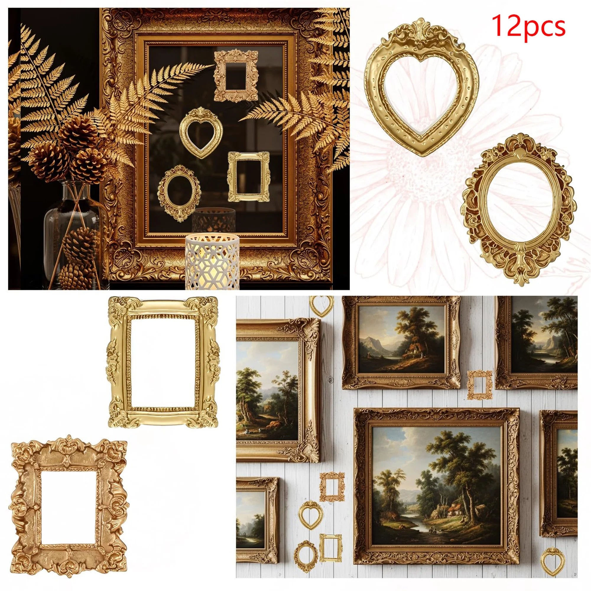 Set of 12 Mini Baroque Vintage Hanging Photo Frames for Wall Decor - Elegant Home Picture Frame Collection