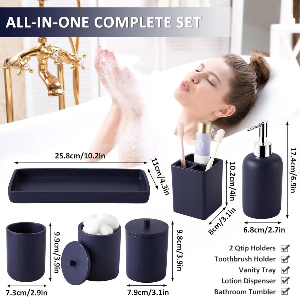 6-Piece Navy Blue Bathroom Set with Toothbrush Holder, Soap Dispenser, Vanity Tray, and More - Countertop Organizer