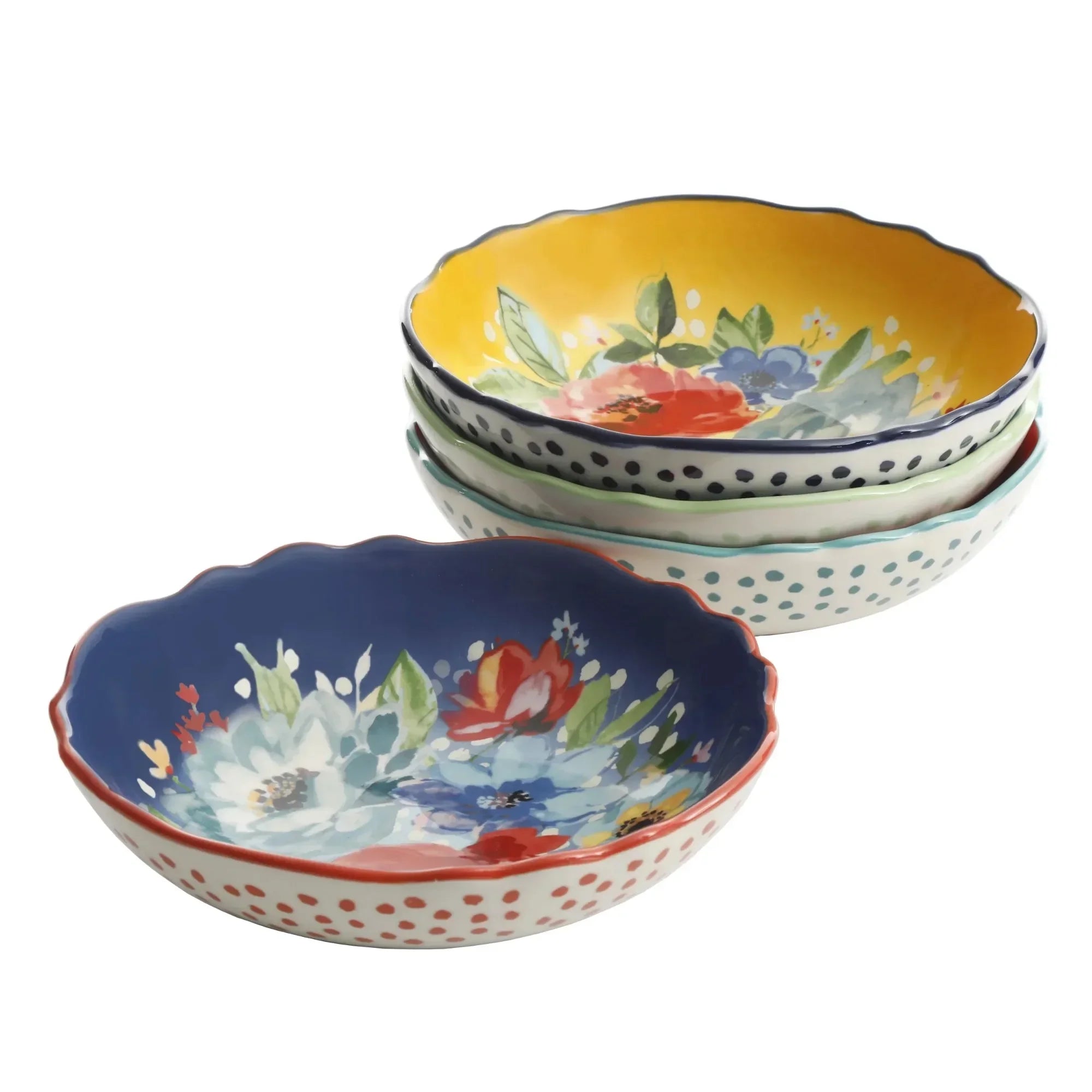 Colorful Melody Pasta Bowls, 7.5" Stoneware Set, Mix & Match, Ideal for Vintage Style Homes