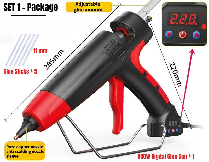 800W Professional Hot Melt Glue Gun Digital Adjustable Temperature Copper Nozzle 11 Mm Glue Sticks Industrial Tools Silicone Gun