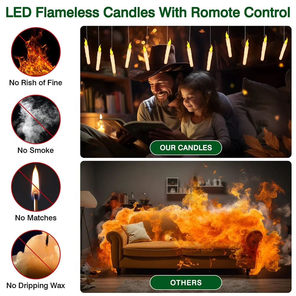 Flameless Taper Floating Candles with Magic Wand Remote Timer Flickering LED Hanging Christmas Halloween Decorations(12 Pack)