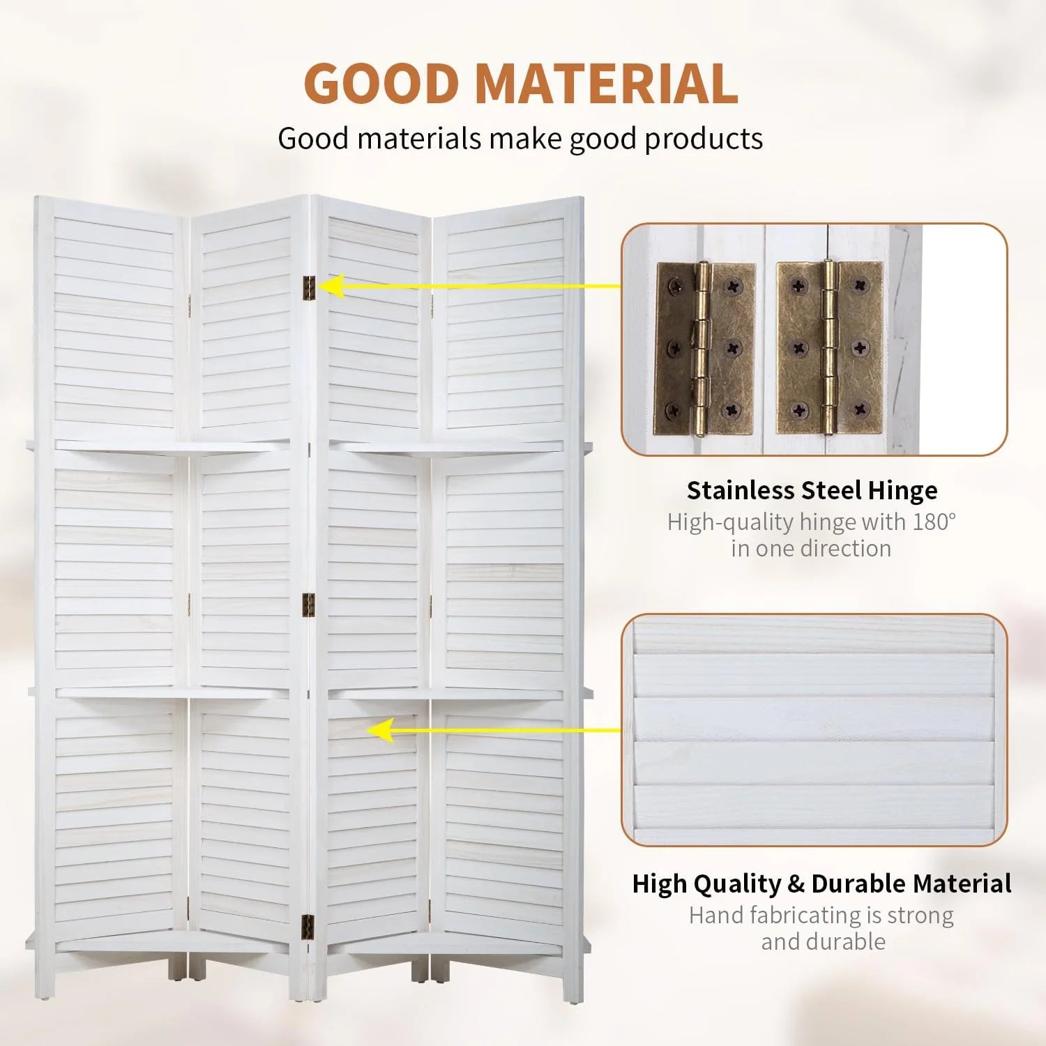 Room Divider 4 Panel Folding Wood 5.6 Ft Tall Privacy Screen Dividers Wall with Three Shelves Portable Partition (White)