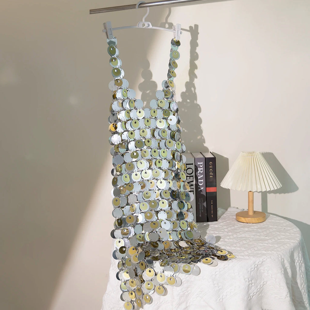 Sexy Shinny Gold Color Sequin Dress Women Nightclub Sling Skirt Body Chain Luxury Body Jewelry Party Accessories 2024 New