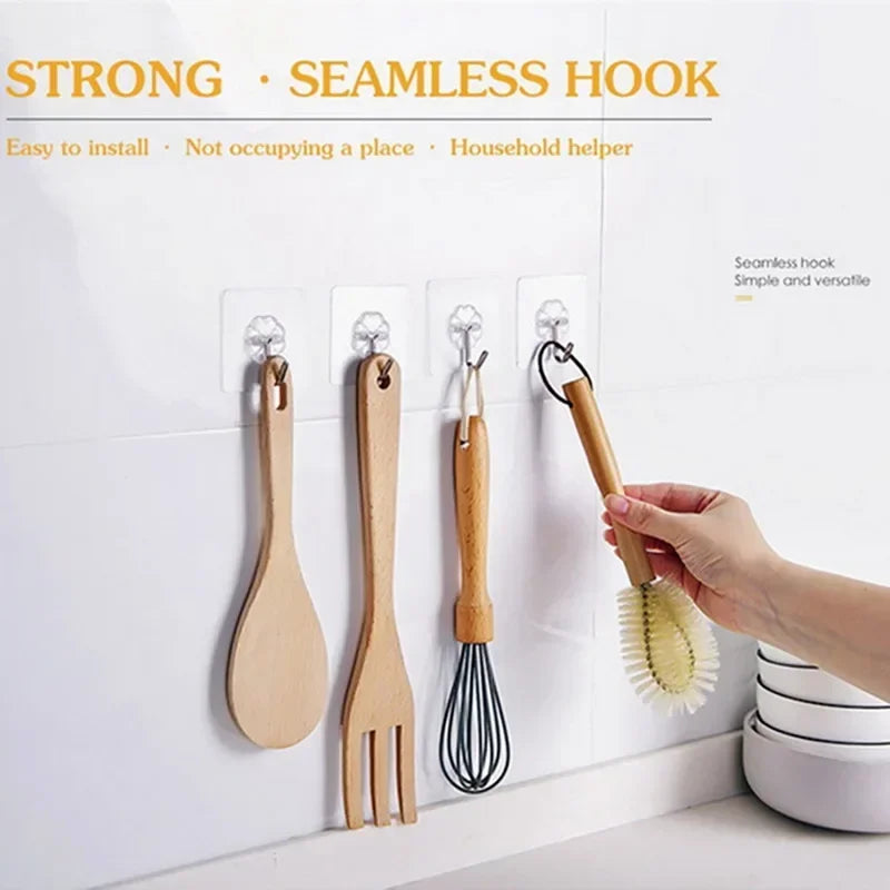 50PCS/100pcs  No Drill Wall Hooks – Heavy Duty 15lb Transparent Adhesive Hooks, Waterproof for Dorm Bathroom & Kitchen
