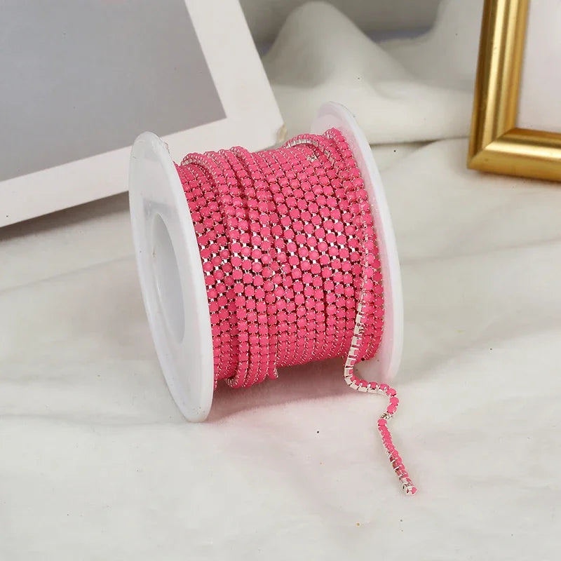 PEESOM NewSS6 2mm Sliver Bottom Rhinestone Cup Chain Sew On Colorful Acrylic Rhinestone Trim Chain Strass Banding for DIY Chain