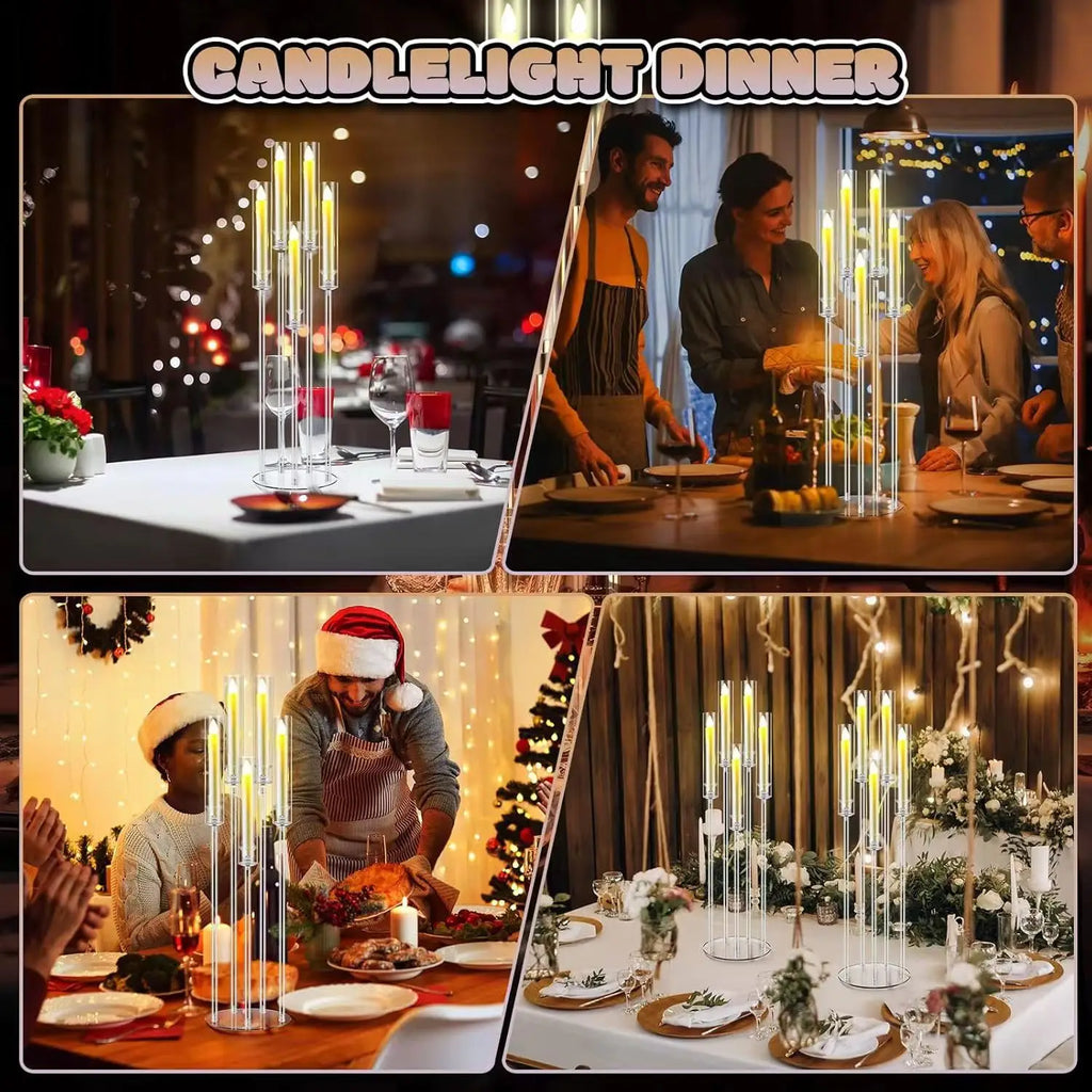 4Sets Acrylic Candelabra Centerpieces for Wedding with LED Candles 33.9 Inches 5 Arm Candlestick Holder with Acrylic Shade for D