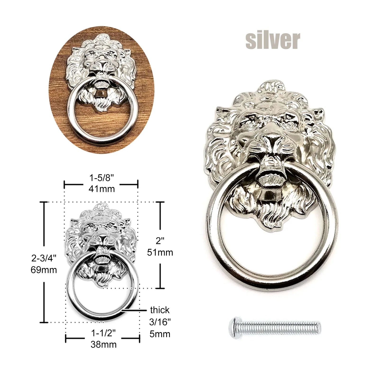 1/2/4/6pcs Lion Head Shape Single Hole Jewelry Chest Box Cabinet Cupboard Dresser Drawer Handle Pull Knob Ring 4 color 41x69mm