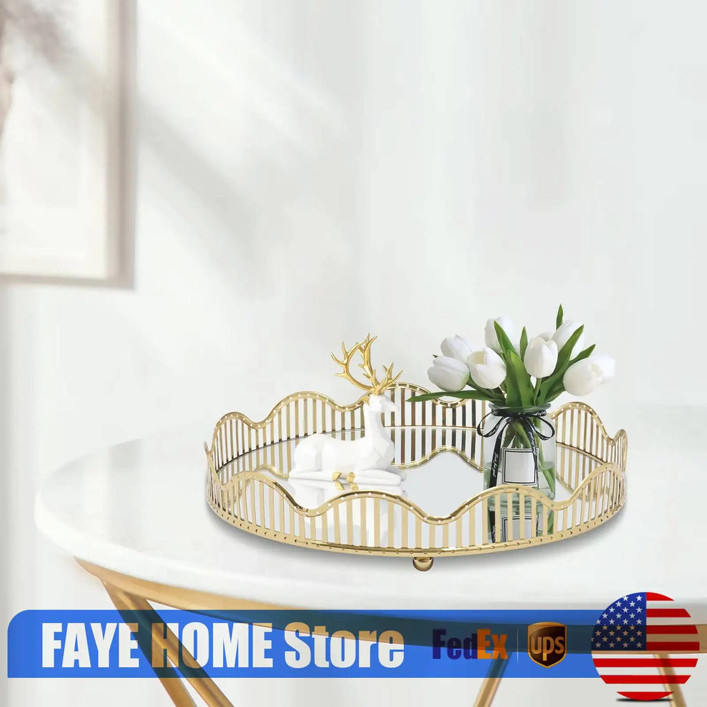 Serving Tray, Large Round Gold Mirror Tray 31.5x6cm, Cosmetic Makeup Organizer for Perfume, Decorative Tray