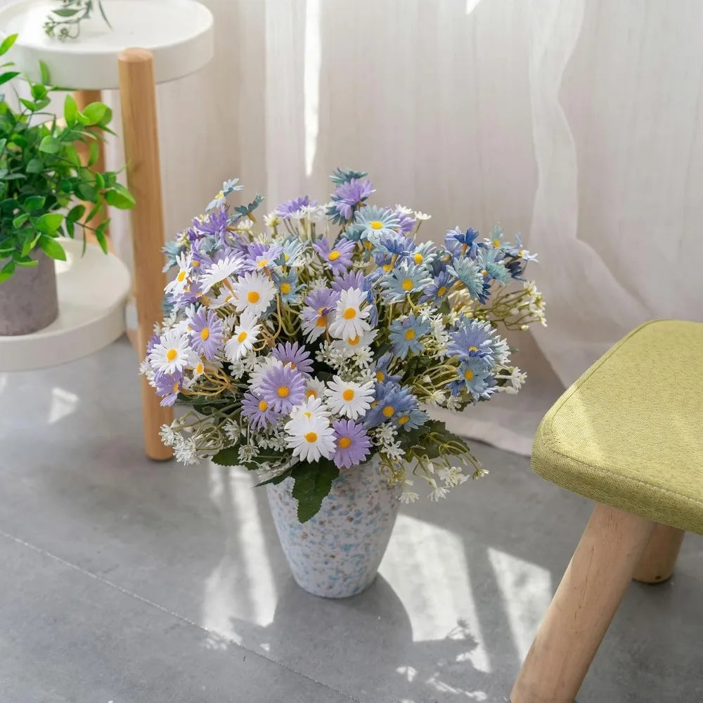 Faux Flowers with Vase, Artificial Flowers in Vase Blue and Purple Daisy Arrangements Wedding Bouquets Decorations Fall Floral F