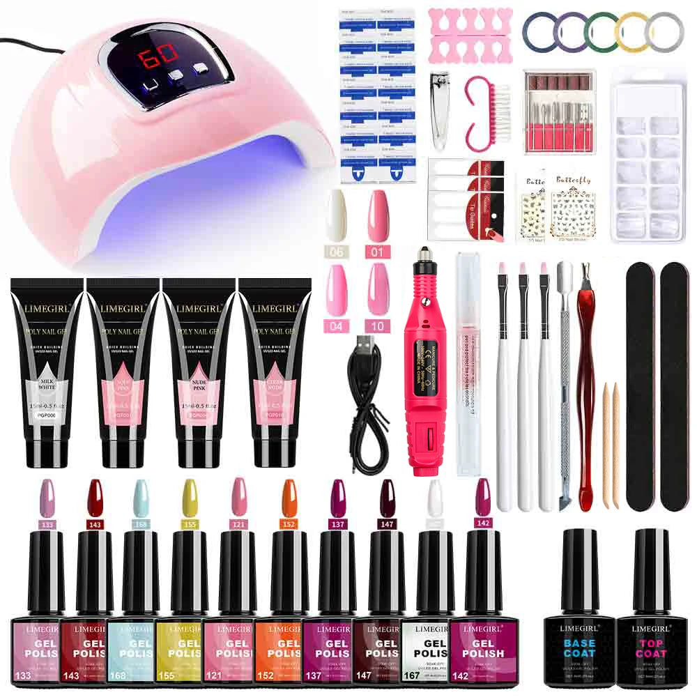 LIMEGIRL 8ml Gel Nail Polish Set UV Semi-Permanent Gel Varnish Soak Base Coat Polishing Tool with LED Lamp and Nail Drill  Kit