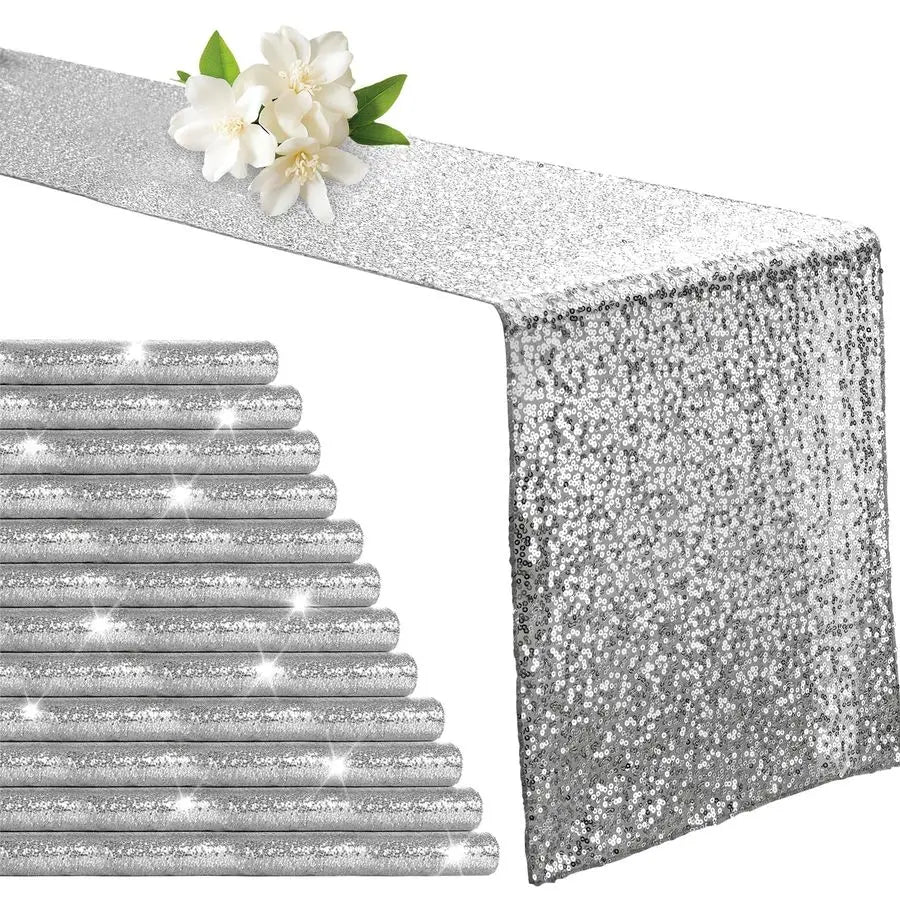 12 Pack Silver Sequin Table Runner 12 x 72, Glitter Sparkle Sequin Runners for Birthday Party Wedding Banquet amp Baby Shower, P