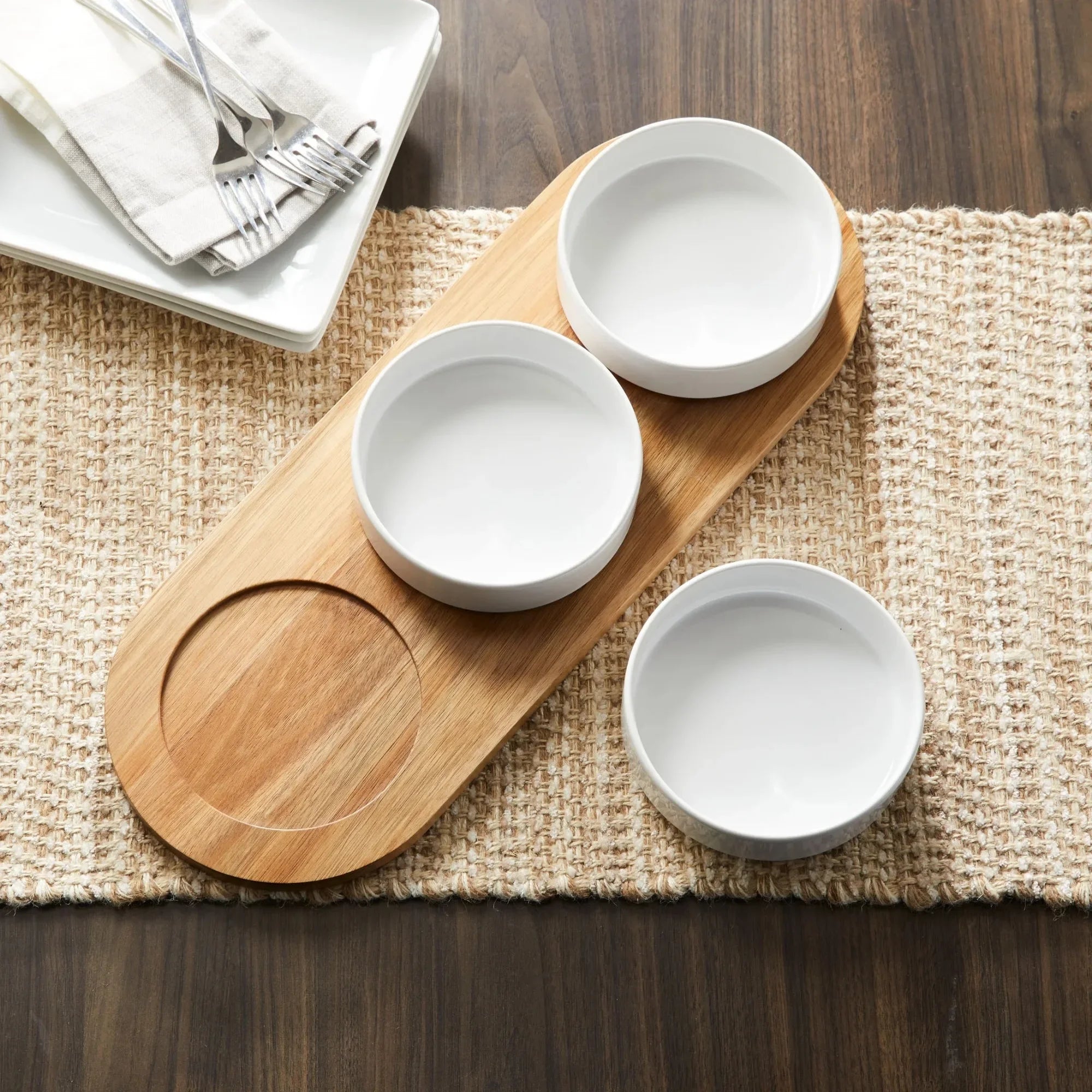 Acacia Wood Tray and Stoneware Bowl for Condiment, 19.69x7.28x2.17 in,3.96 lb