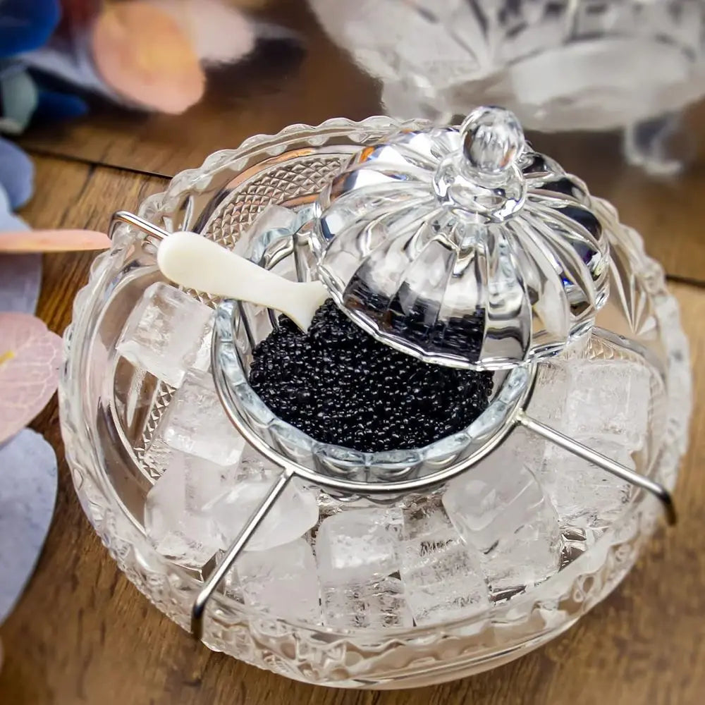 Luxury Caviar Serving Kit with Glass Bowl & 2 Pearl-Handled Spoons for Gourmet Delights
