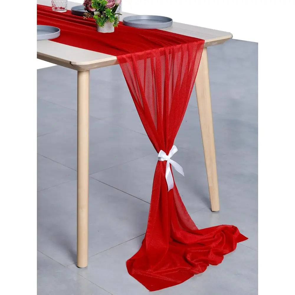 Red 10ft x 120in Shimmering Chiffon Table Runner Set of 5 for Weddings, Showers, Parties & Events
