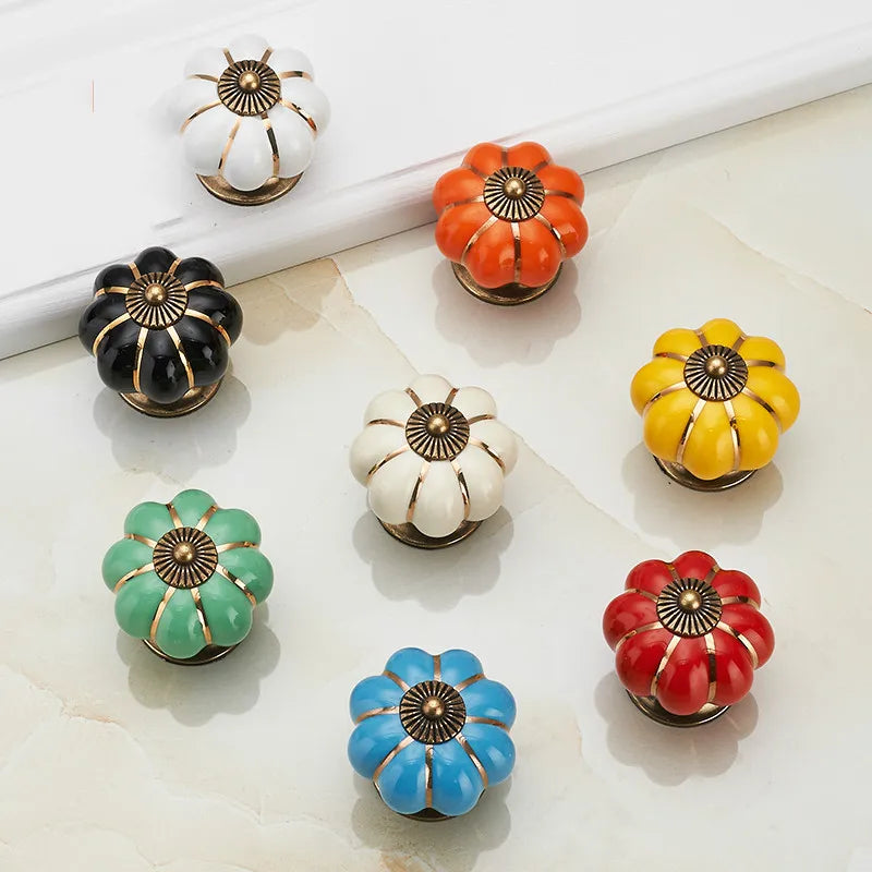 Pumpkin Gold Ceramic Handles Drawer Knobs Single Hole Cupboard Handles Cabinet Pulls Kitchen Accessories Handles Furniture