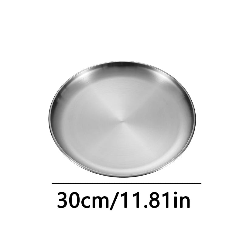Kitchen Utensils With Shelves Gold Silver Stainless Steel Circular Plates Trays Shallow Bottom Rust Proof Plates Picnic Plate