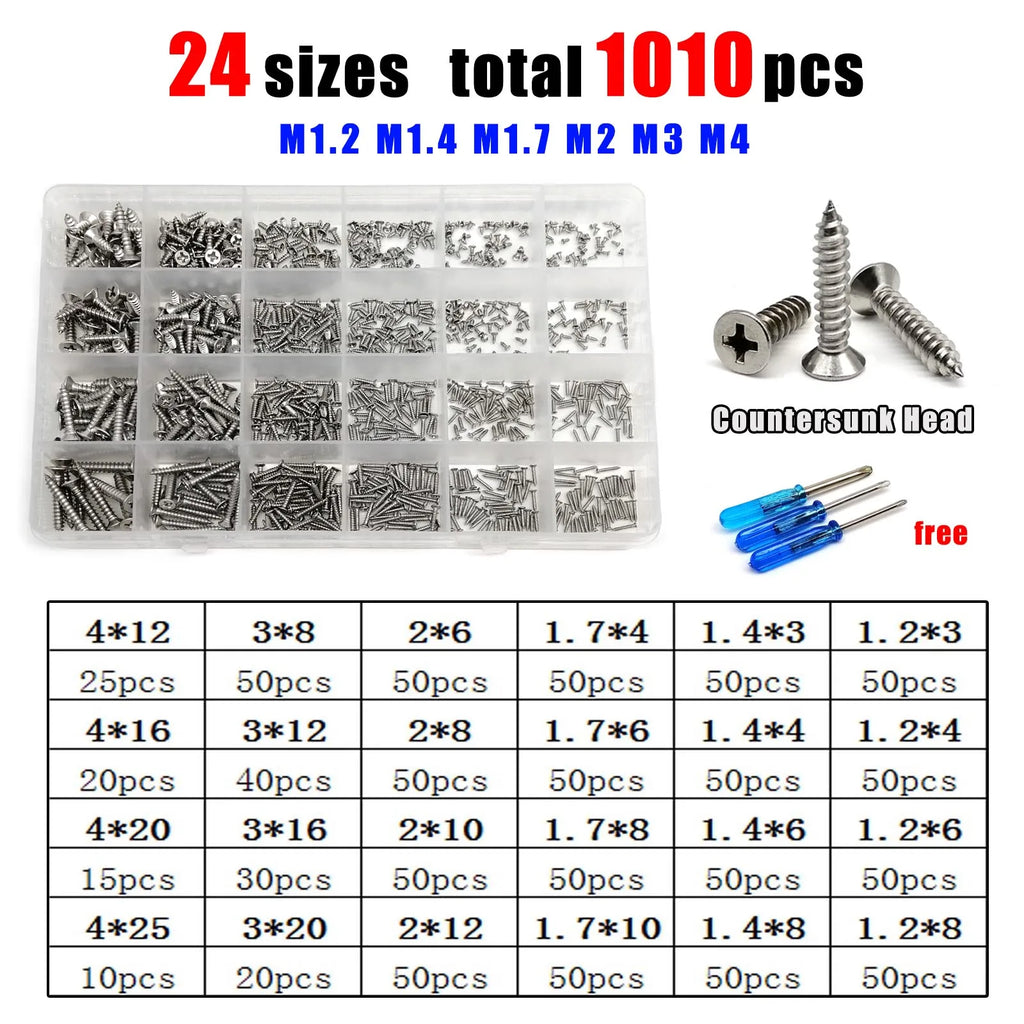 1 Kit Mix Sizes M1.2 M1.4 M1.7 M2 M3 M4 Phillips Flat Countersunk Round Pan Head Wood Self Tapping Screw Set 304 Stainless Steel
