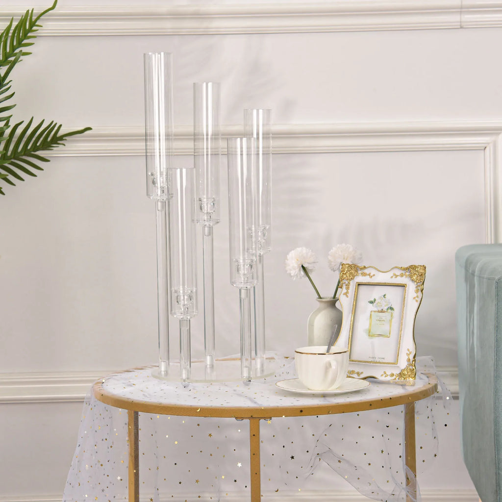 10pcs Acrylic Candelabra Centerpiece for Wedding, 5 Arm Clear Candlestick Holders with Removable Lampshade for Party Table Baby
