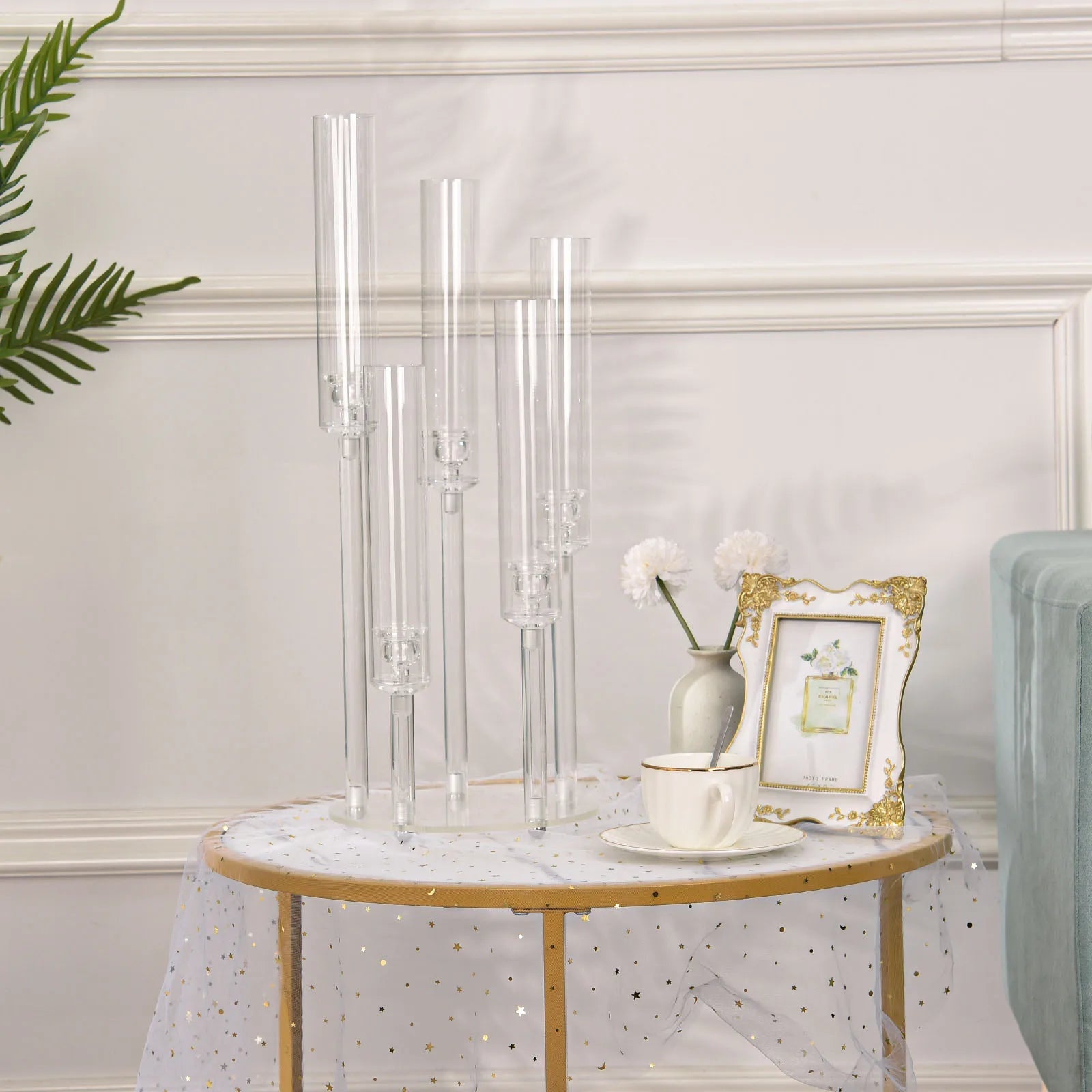 10pcs Acrylic Candelabra Centerpiece for Wedding, 5 Arm Clear Candlestick Holders with Removable Lampshade for Party Table Baby