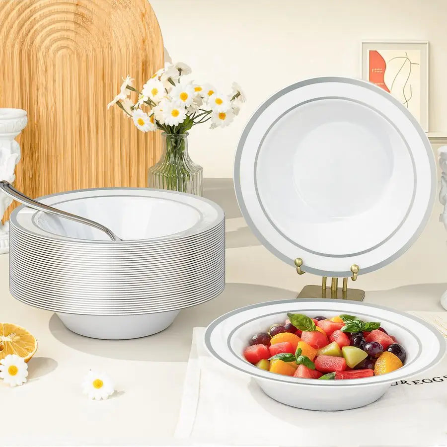 100 Pack 12 oz Plastic Disposable Soup Bowls, White Dessert Bowls with Silver Rim, Heavyduty Salad Bowl for Party, Wedding, Chri
