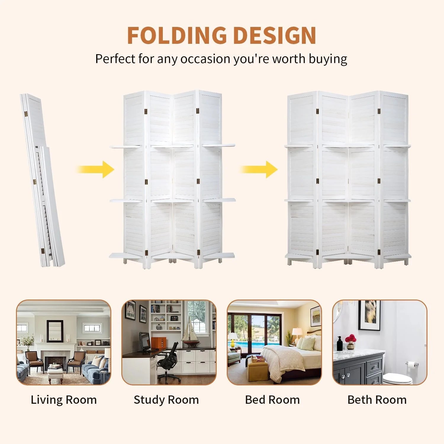 Room Divider 4 Panel Folding Wood 5.6 Ft Tall Privacy Screen Dividers Wall with Three Shelves Portable Partition (White)