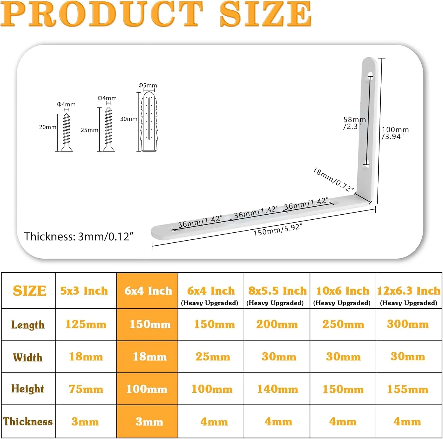 Heavy Duty White L Bracket Shelves, Stainless Steel Corner Brace for Wooden Board Hanging Support, 6x4 Inch (Pack of 4)