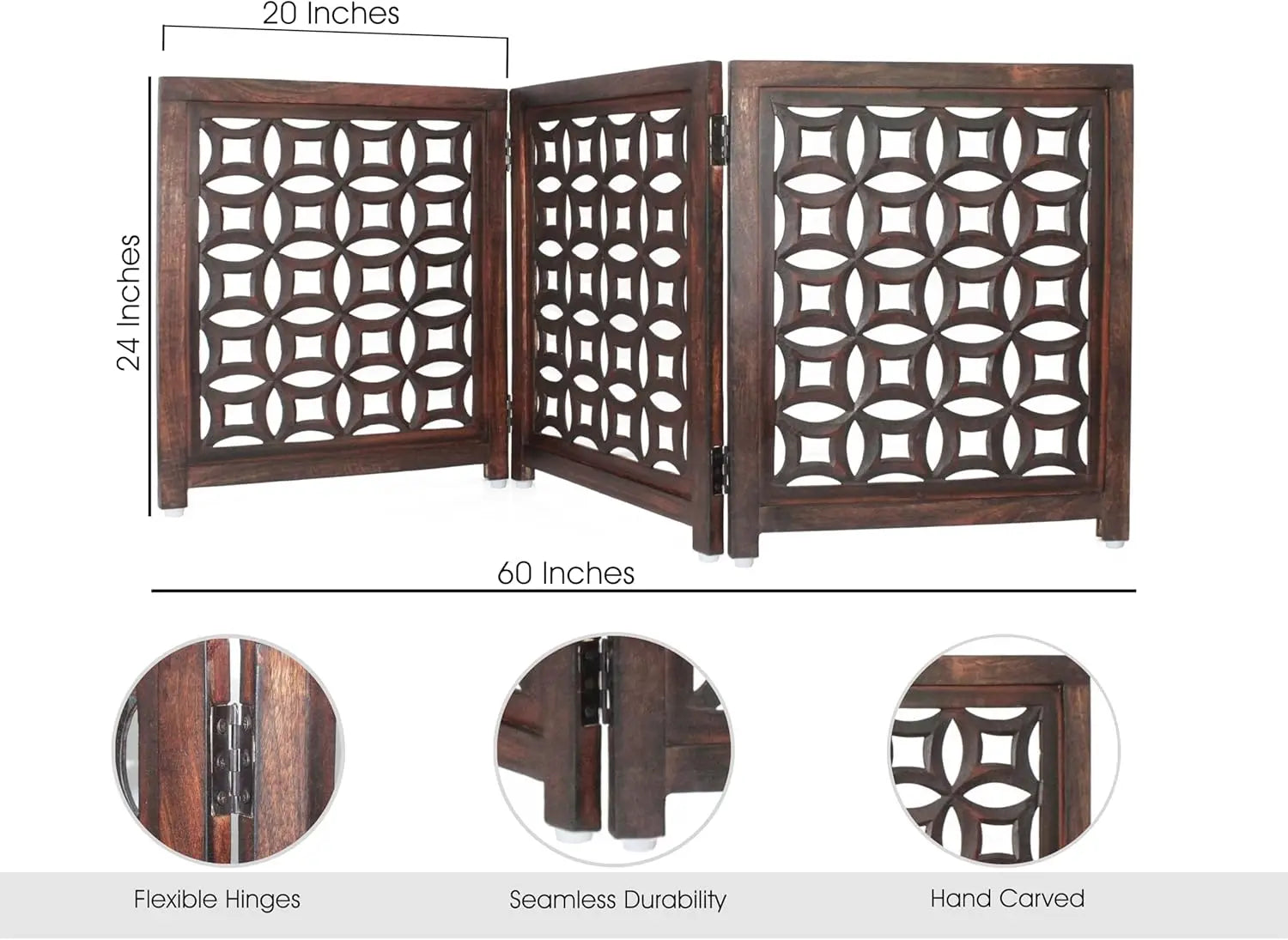 Foldable Wood Pet Gate - 3 Panels 20x24 Inches, Solid Wood & MDF, Antique Brown Finish, Fully Assembled