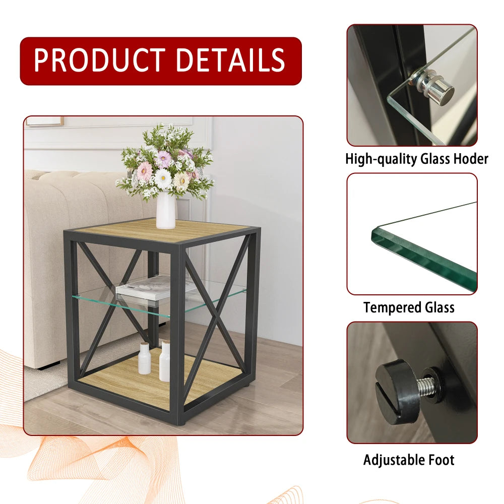 Modern coffee table for Bedroom & Living Room, Tempered Glass&Rustic Wood Grain MDF, Industrial Style coffee table