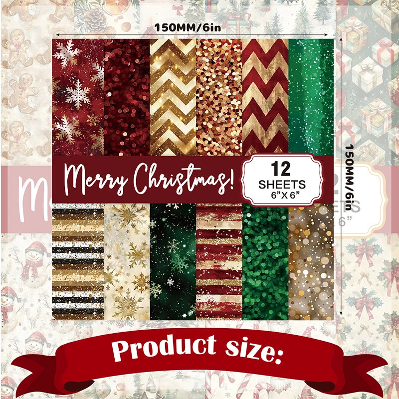 Christmas Scrapbook Paper Pad 12 Sheets 6x6 Glitter Confetti Snowflake Single-sided Prints Cardstock 160gsm Acid-free Decorative