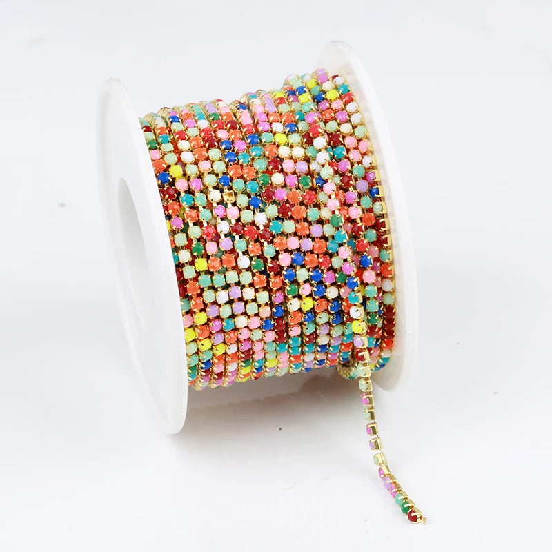 PEESOM NewSS6 2mm Sliver Bottom Rhinestone Cup Chain Sew On Colorful Acrylic Rhinestone Trim Chain Strass Banding for DIY Chain