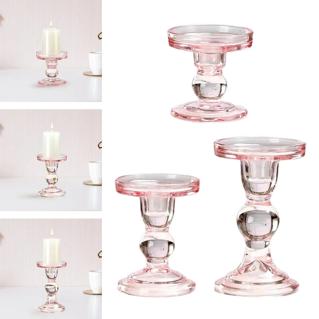 Candle Holder Pink Glass Candlestick Holder Pillar Candle Stand for Valentine's Day Wedding Dining Room Anniversary Festival