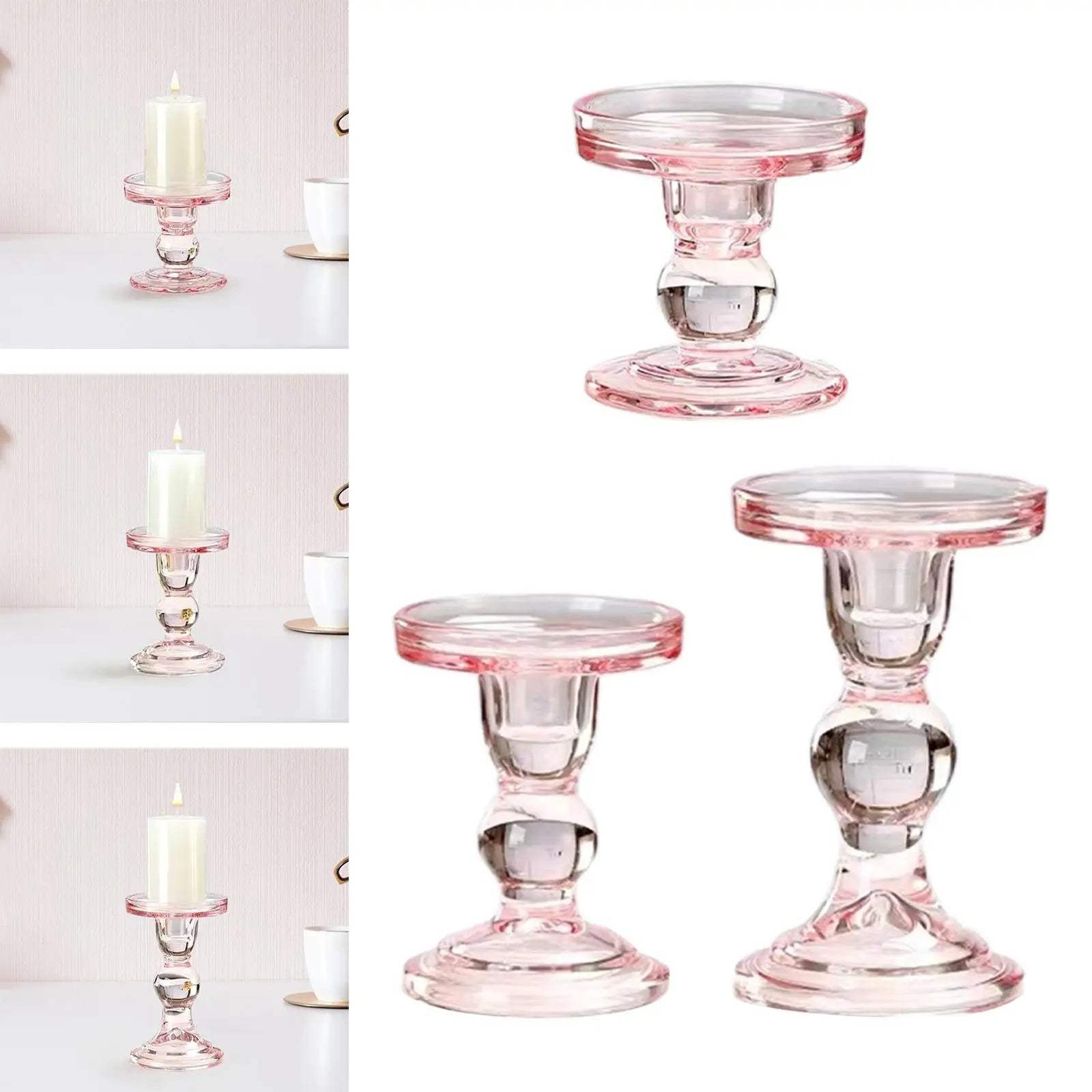 Candle Holder Pink Glass Candlestick Holder Pillar Candle Stand for Valentine's Day Wedding Dining Room Anniversary Festival