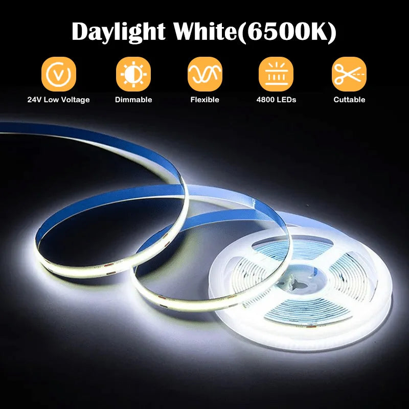 ETL Listed 24V 50ft/15m COB LED Strip Light 3000K/4000K/6500K Dimmable with RF Remote for Bedroom Cabinet(Power Supply Included)