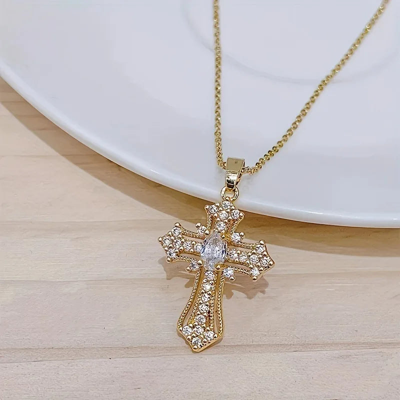 2025 New Gold color Cross Pendant Necklace (One Piece)  Religious  Style Jewelry Fashion Elegant Party Accessory