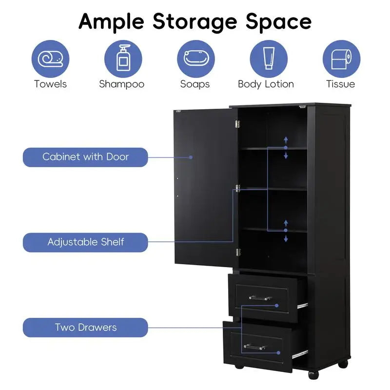 Freestanding Tall Bathroom Storage Cabinet with 2 Drawers and Adjustable Shelf, MDF Board with Painted Finish, Black
