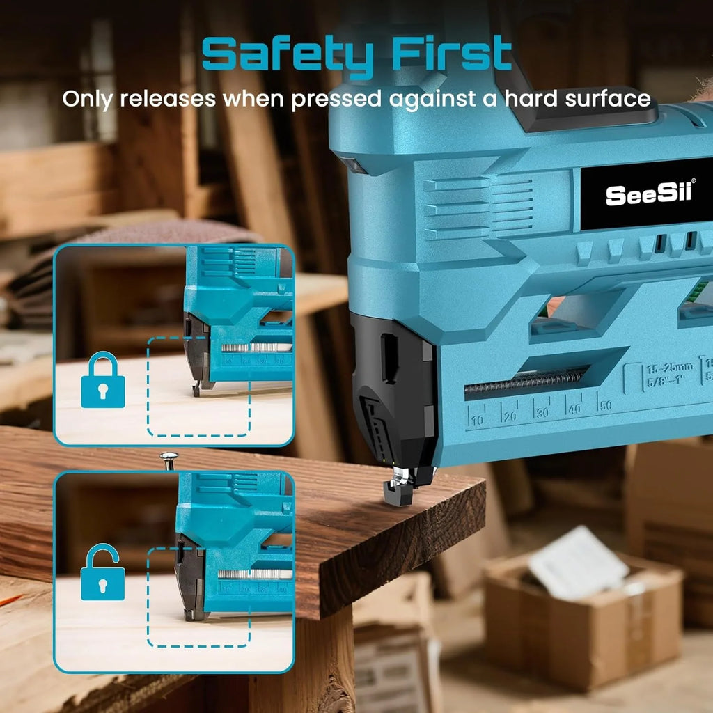 SEESII 18 Gauge Cordless Brad Nail Gun 1000 Brad Nails Cordless Stapler Framing Nailer Furniture Power Tool With 2pcs Battery