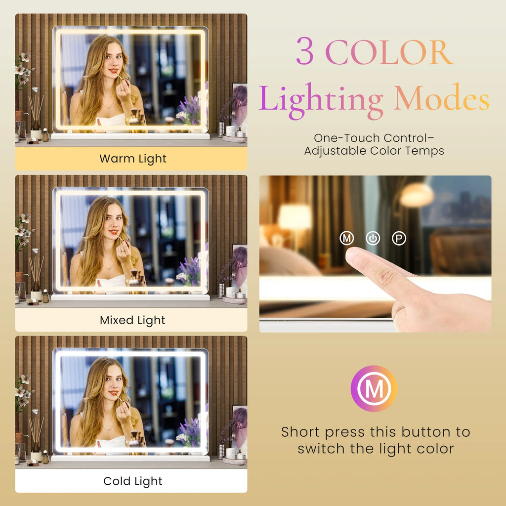 JHK LED Vanity Mirror with Lights Aluminum Frame Bathroom Mirror Dimmable 3 Color Modes Makeup Mirror Memory Function Bedroom