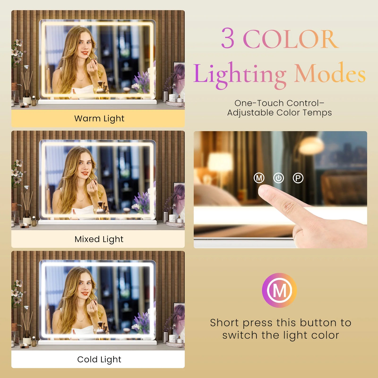 JHK LED Vanity Mirror with Lights Aluminum Frame Bathroom Mirror Dimmable 3 Color Modes Makeup Mirror Memory Function Bedroom